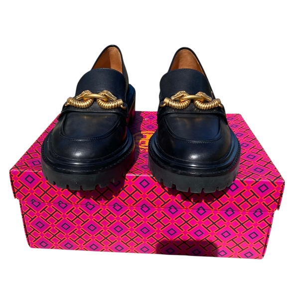 Tory Burch Shoes - Black Loafers with Gold Chain Detail